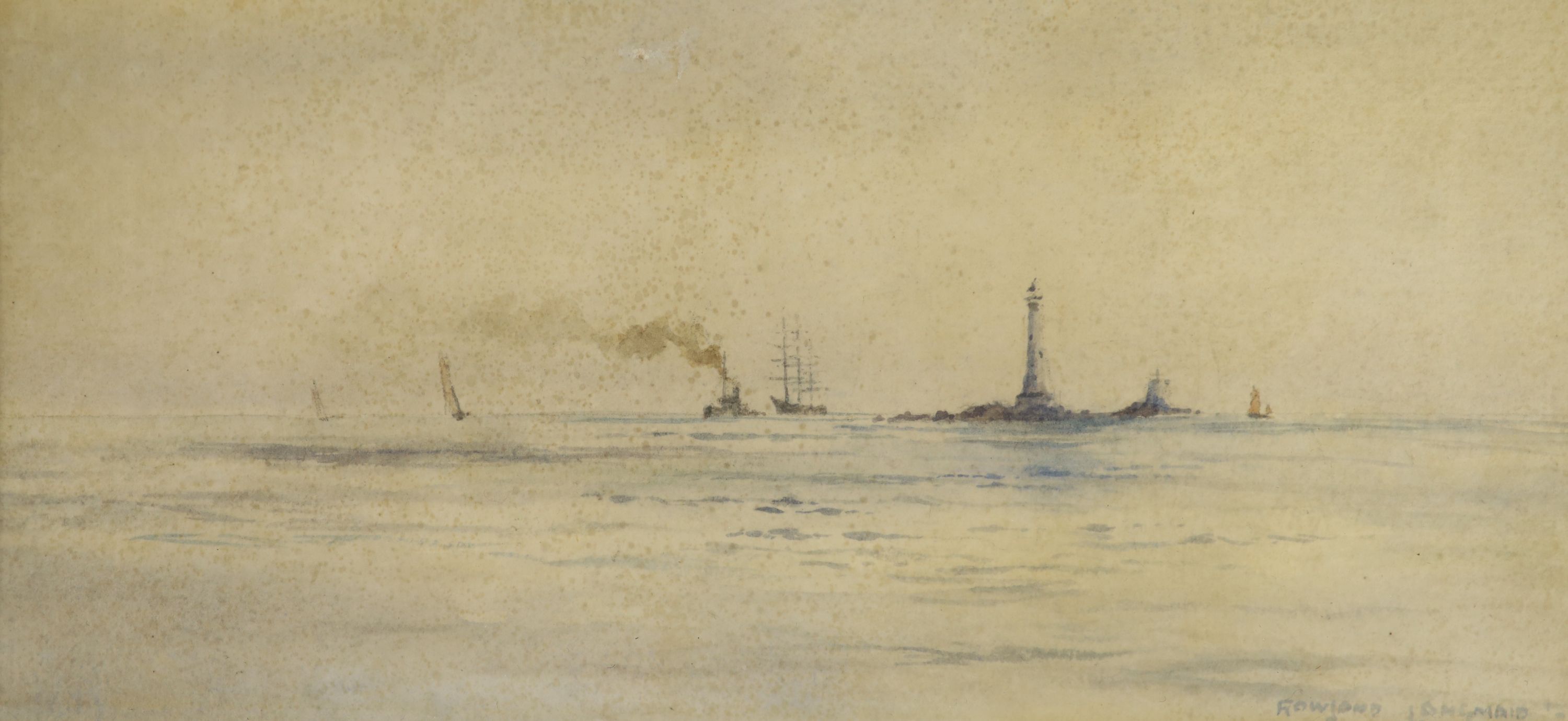 Rowland Langmaid (1897-1956), watercolour, Shipping passing Eddystone lighthouse, signed, 9 x 19cm